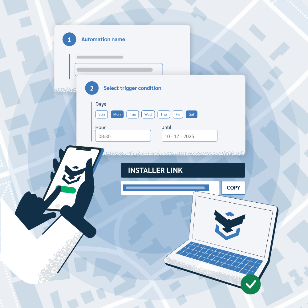 An illustration showing two processes: a laptop with a green checkmark next to the 'INSTALLER LINK' panel, and a smartphone displaying a success message, next to the step-by-step setup for a time-based automation, symbolizing scalable and streamlined operations.