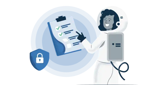 A smiling Prey astronaut points at a compliance checklist with several successful green checkmarks. A padlock on a blue background is visible, symbolizing that security and enforcement lead to successful compliance and policy adherence.