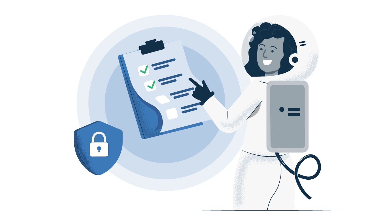 A smiling Prey astronaut points at a compliance checklist with several successful green checkmarks. A padlock on a blue background is visible, symbolizing that security and enforcement lead to successful compliance and policy adherence.