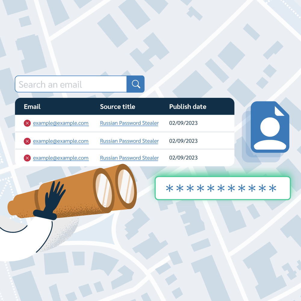 An illustration of a hand holding a telescope, symbolizing vigilance. A data table shows multiple records of leaked emails from a 'Russian Password Stealer' source, and a green box with asterisks represents detected exposed passwords, emphasizing proactive policy enforcement against data breaches.