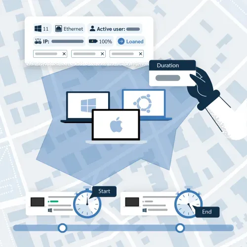 An illustration of three laptops with different operating systems (Windows, macOS, Ubuntu) displayed on a map background. Data cards show device specs, loan status, and a timeline with start and end clocks, emphasizing simplified multi-platform asset management and usage tracking.