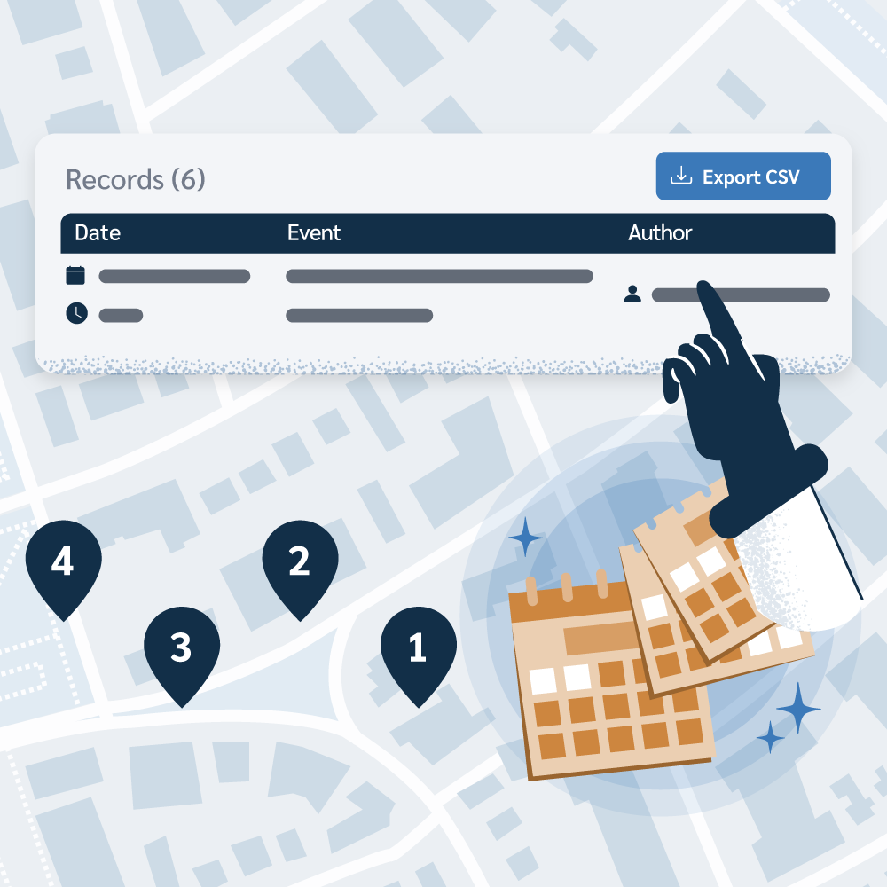 An illustration of a hand pointing at the 'Author' column in an event log table, emphasizing traceability. The table shows records (Date, Event) and an 'Export CSV' button, set against a map with location pins and calendar icons, symbolizing clear accountability tracking.