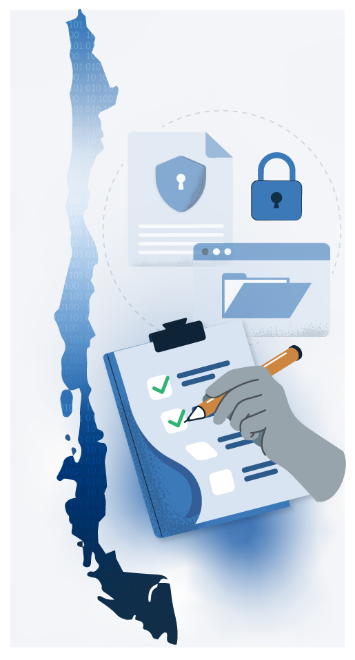 El mapa de Chile cubierto de código binario, junto a una mano completando una lista de verificación y símbolos de protección como un candado y un documento asegurado.