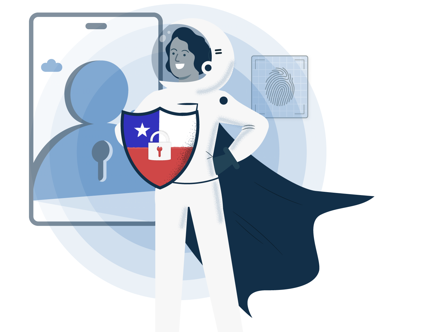 Una persona con traje futurista y capa protectora, sosteniendo un escudo con la bandera de Chile y un candado frente a un perfil de identidad digital.