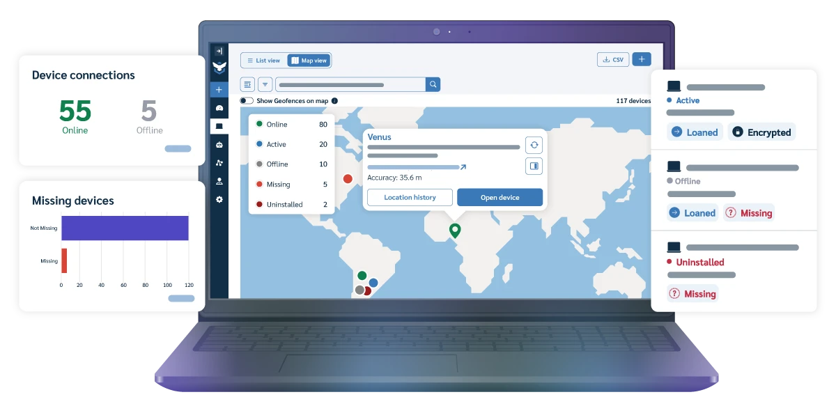 A laptop displaying the Prey Device Map, surrounded by dashboard cards with real-time fleet metrics like "Device connections," "Missing devices" count, and detailed status updates for "Active," "Offline," and "Missing" devices, giving an overview of your entire fleet at a glance.