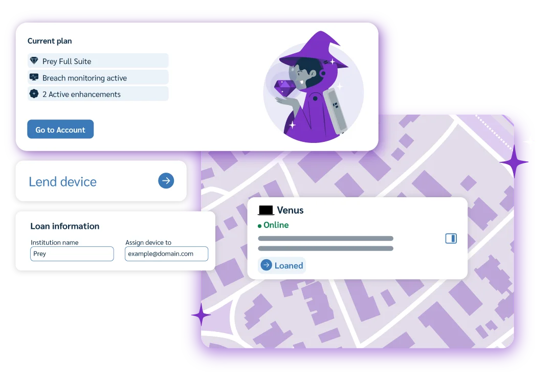 A witch-like wizard astronaut figure stands over different dashboard cards illustrating the comprehensive features of the Prey Full Suite plan. These include real-time device tracking for a laptop named "Venus," clearly marked as "Loaned" on a map. There's also a dedicated "Lend device" section with information like "Institution name" and "Assign device to." The wizard holds a shining crystal, symbolizing the "magic" of full fleet management and "Breach monitoring active."