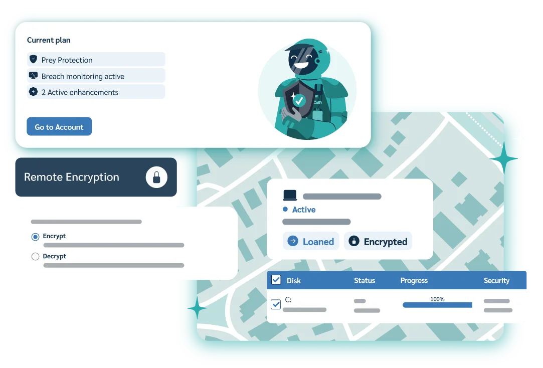 A friendly-looking robot figure in a mint-green suit stands by, holding a shield with a checkmark. Next to it, dashboard cards illustrate the key features of the Prey Protection plan, including a "Remote Encryption" panel with options to encrypt or decrypt, and a real-time progress bar showing 100% completion for a disk. A map shows a laptop marked as both "Active" and "Encrypted," demonstrating active fleet protection.