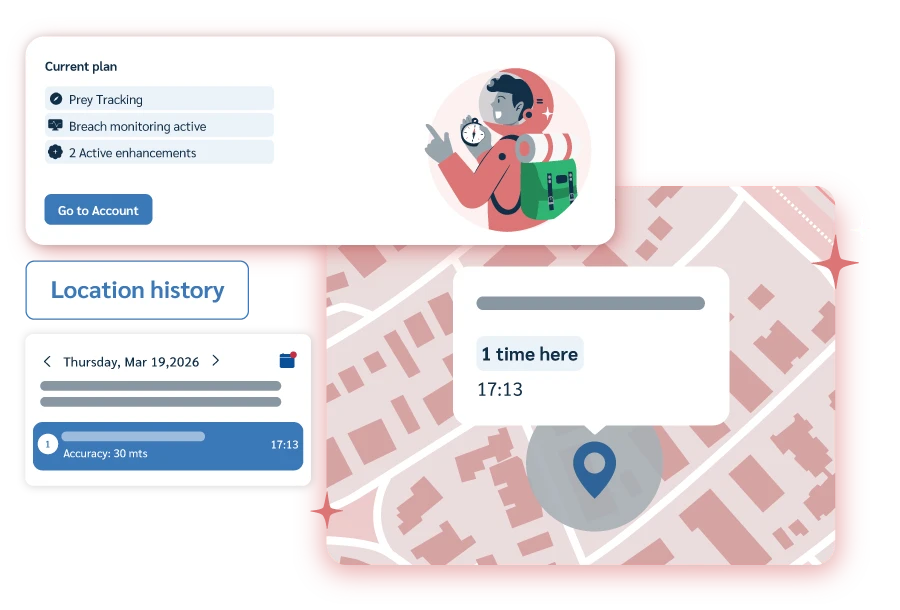 A dashboard summary showing a hiker astronaut illustration for tracking, a plan status update, and a map with location history details for a tracked device.