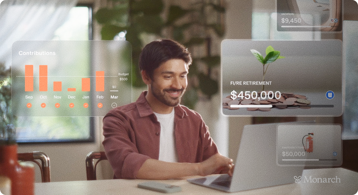 Man smiling while working on a laptop at a table, with transparent financial dashboard overlays showing contributions, FI/RE retirement goal of $450,000, and emergency fund of $50,000.