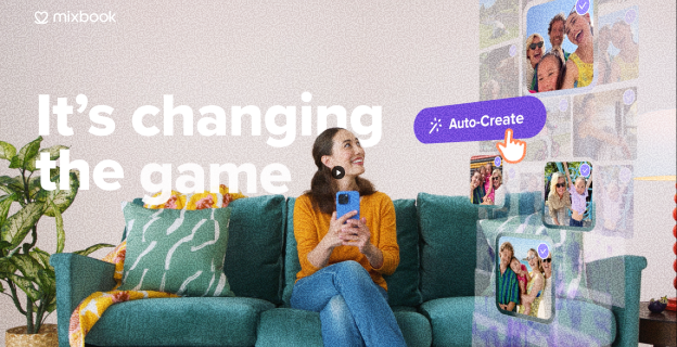Woman sitting on teal couch holding a phone with floating images and an 'Auto-Create' button, promoting Mixbook.