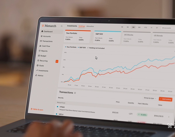 Laptop screen displaying Monarch investment portfolio dashboard with graphs and transaction details.