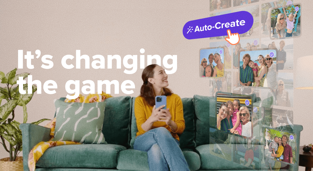 Woman sitting on a green couch holding a smartphone, looking at floating family photos with a purple 'Auto-Create' button and text saying 'It's changing the game'.
