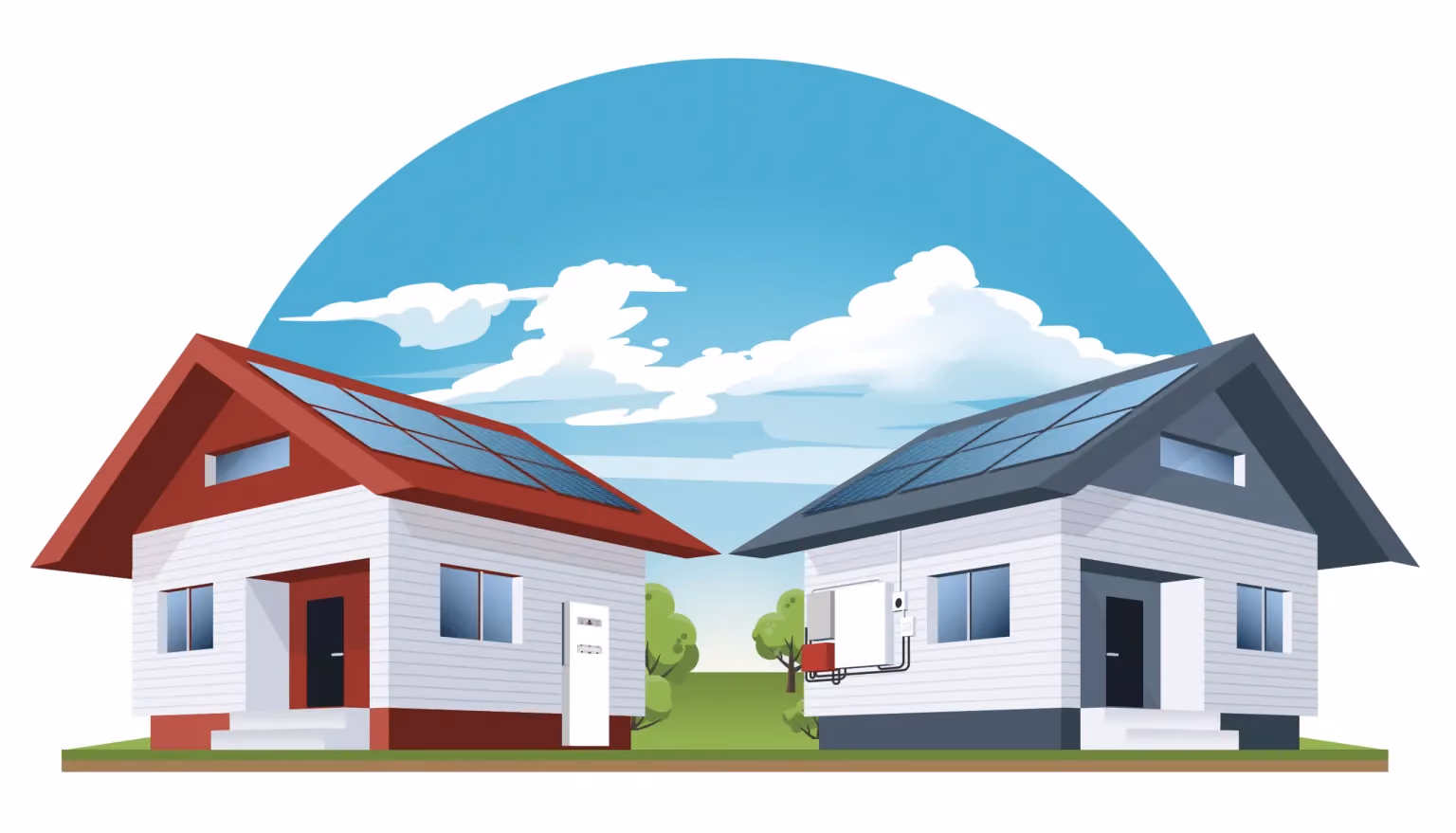 Two houses with solar panels on their roofs.