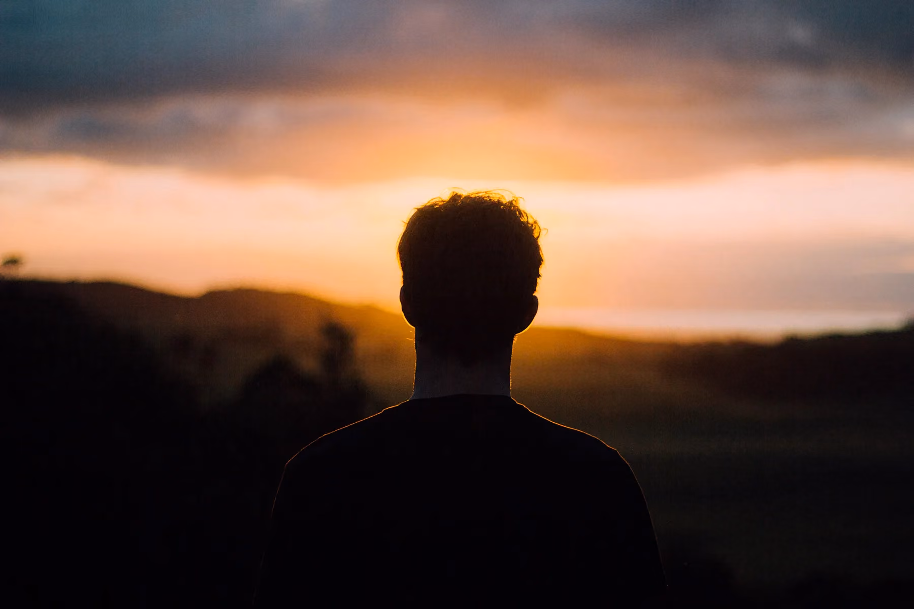 The silhouette of a man looking at the sunset.