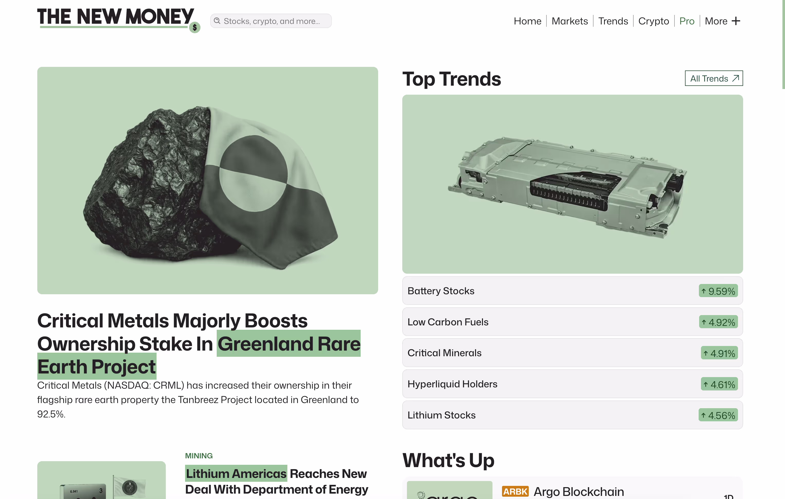 Website homepage showing financial news with headline on Greenland rare earth project and stock trend listings.