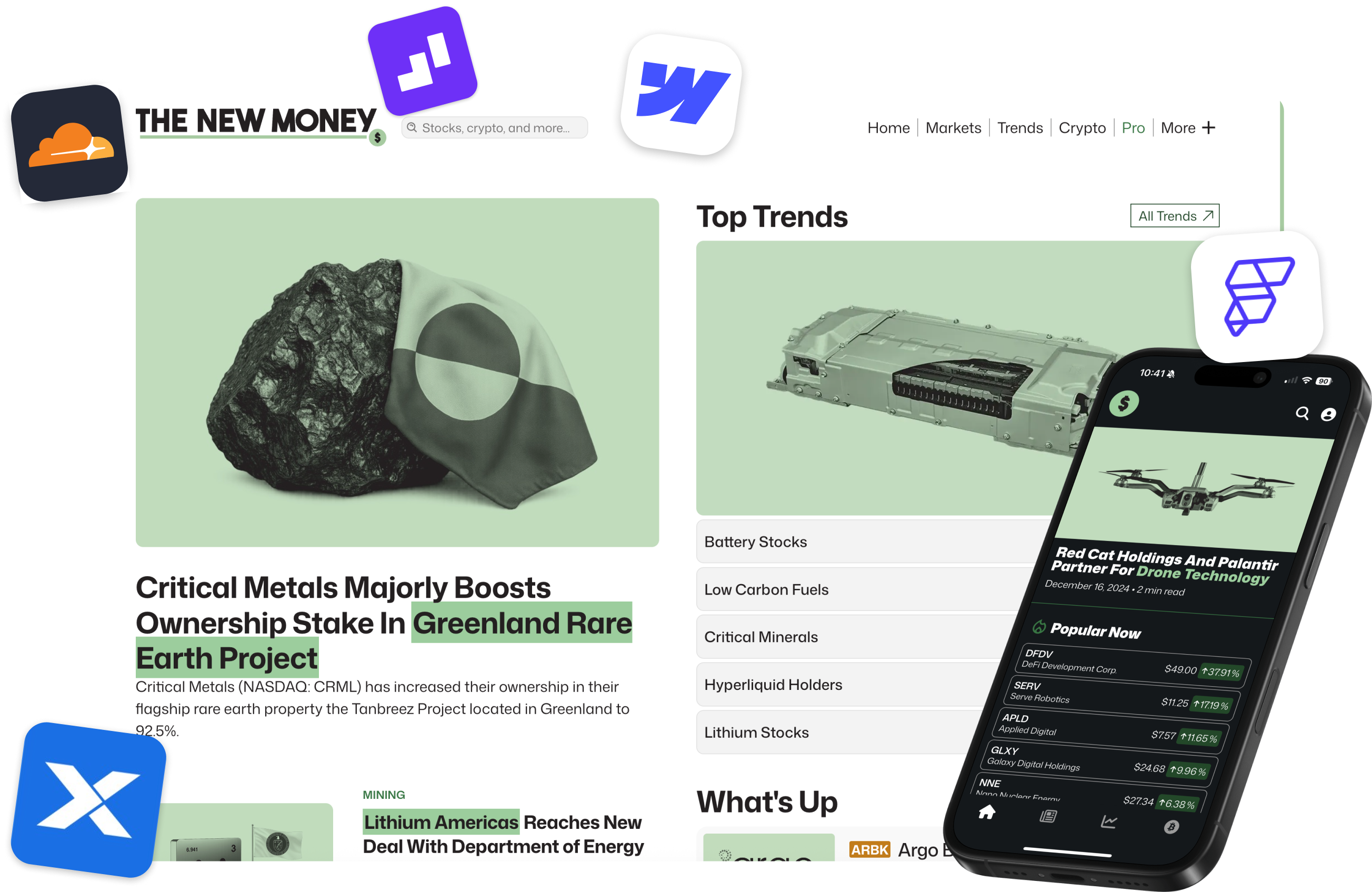 Website homepage showing financial news with headline on Greenland rare earth project and a smartphone displaying stock information.