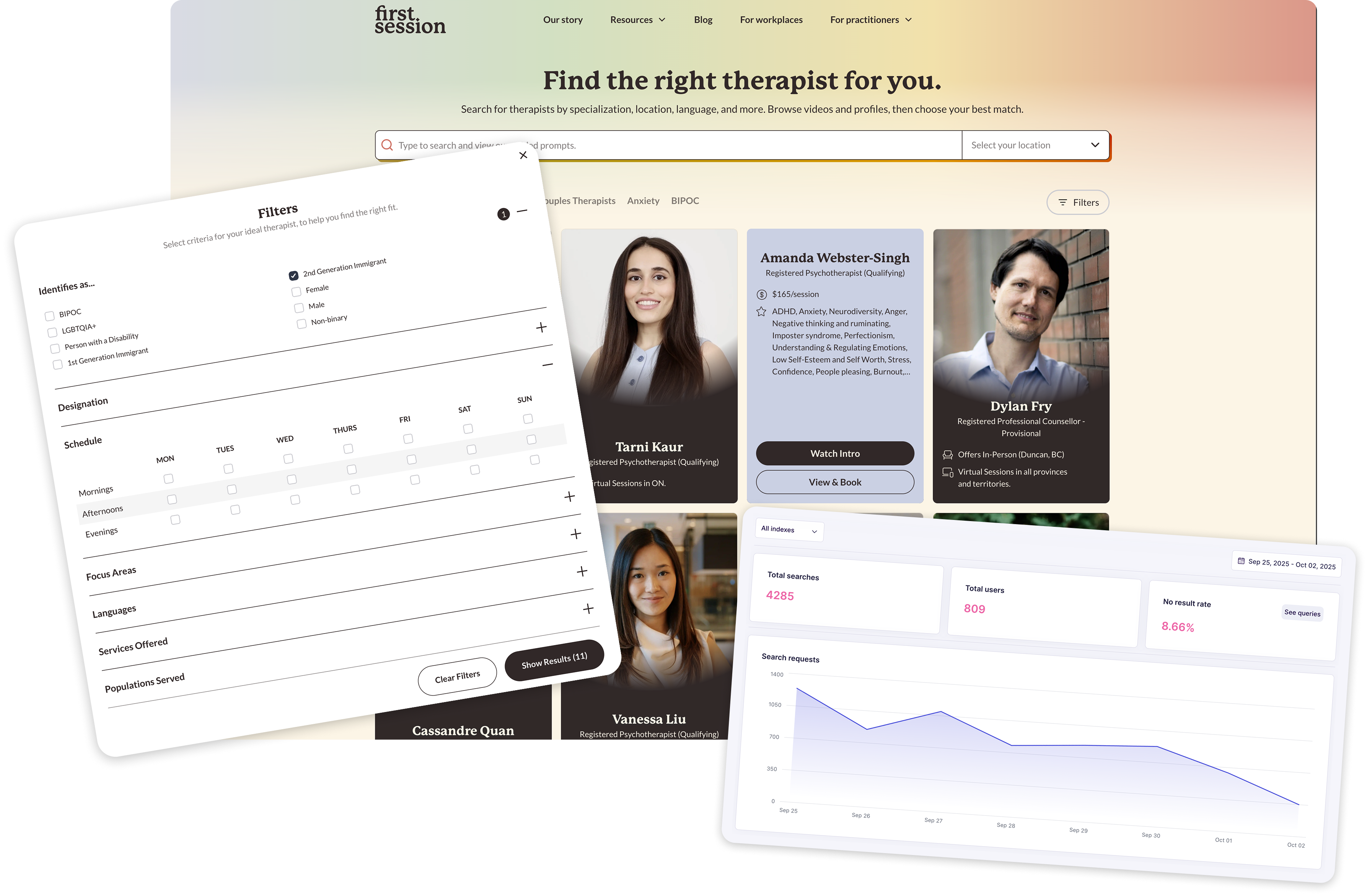 Therapist matching website with profiles of diverse therapists, filter options, and analytics dashboard overlays.