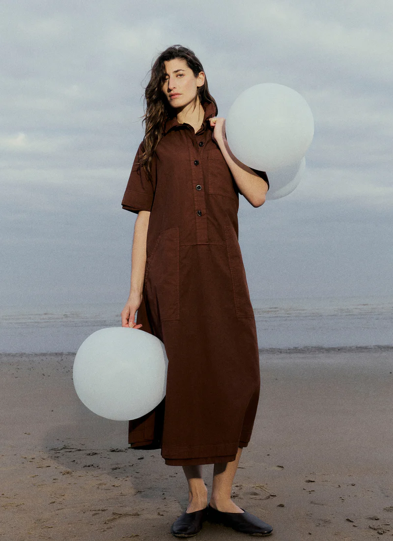 TOAST model wearing a brown shirt dress