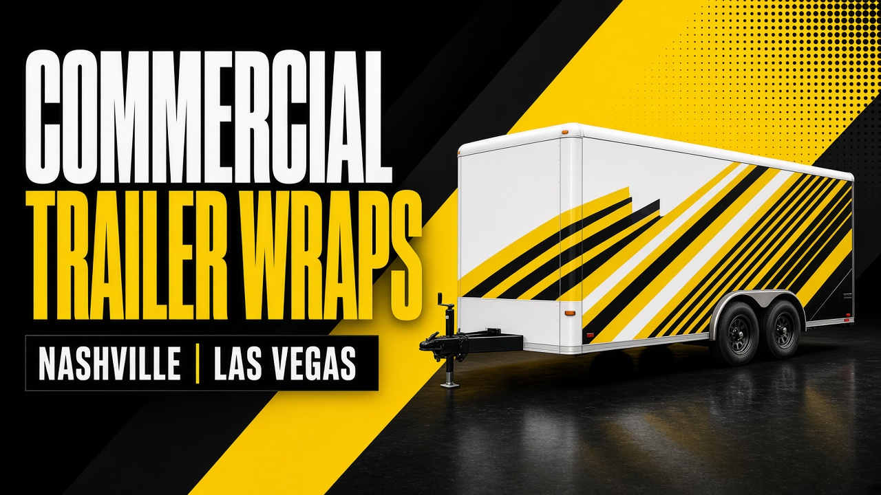 Conceptual YouTube-style thumbnail of enclosed commercial trailer with yellow fleet wrap