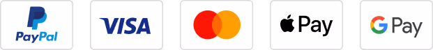 Logos of payment methods PayPal, Visa, Mastercard, and American Express.