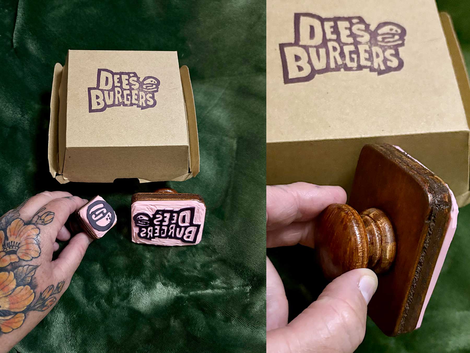 Two finished hand-carved rubber stamps mounted on stained wood handles held alongside a stamped Dee's Burgers burger box