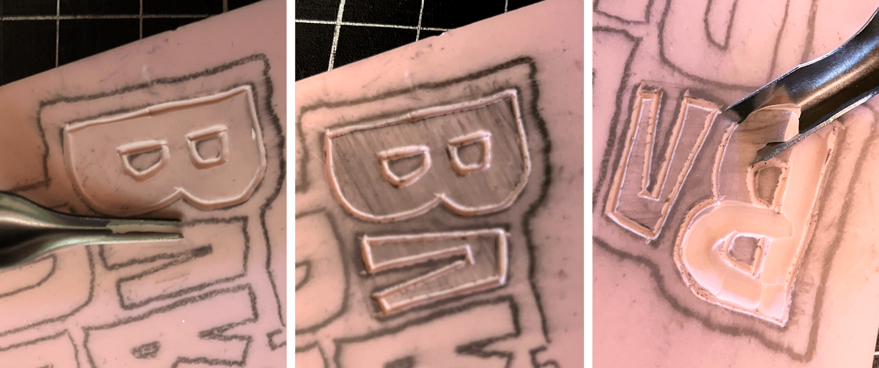 Three close-up photos showing the progression of carving a rubber stamp – outlining edges, pencil shading to show uncut areas, and removing larger sections of rubber