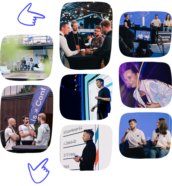 A photo grid showing scenes from the venue – people talking, giving presentations, working on the laptops and being interviewed in front of the camera
