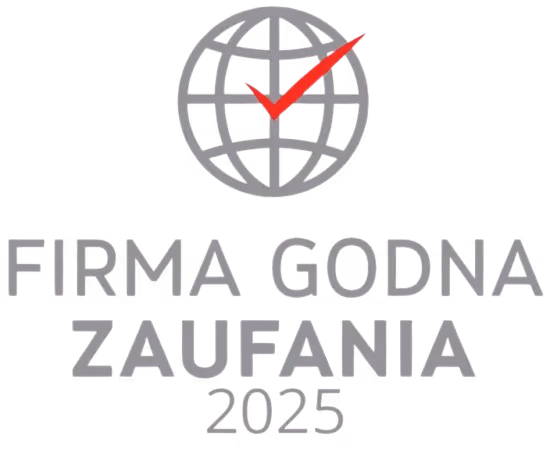 Logo Firmy Godnej Zaufania 2025 z czerwonym znakiem wyboru na globie.