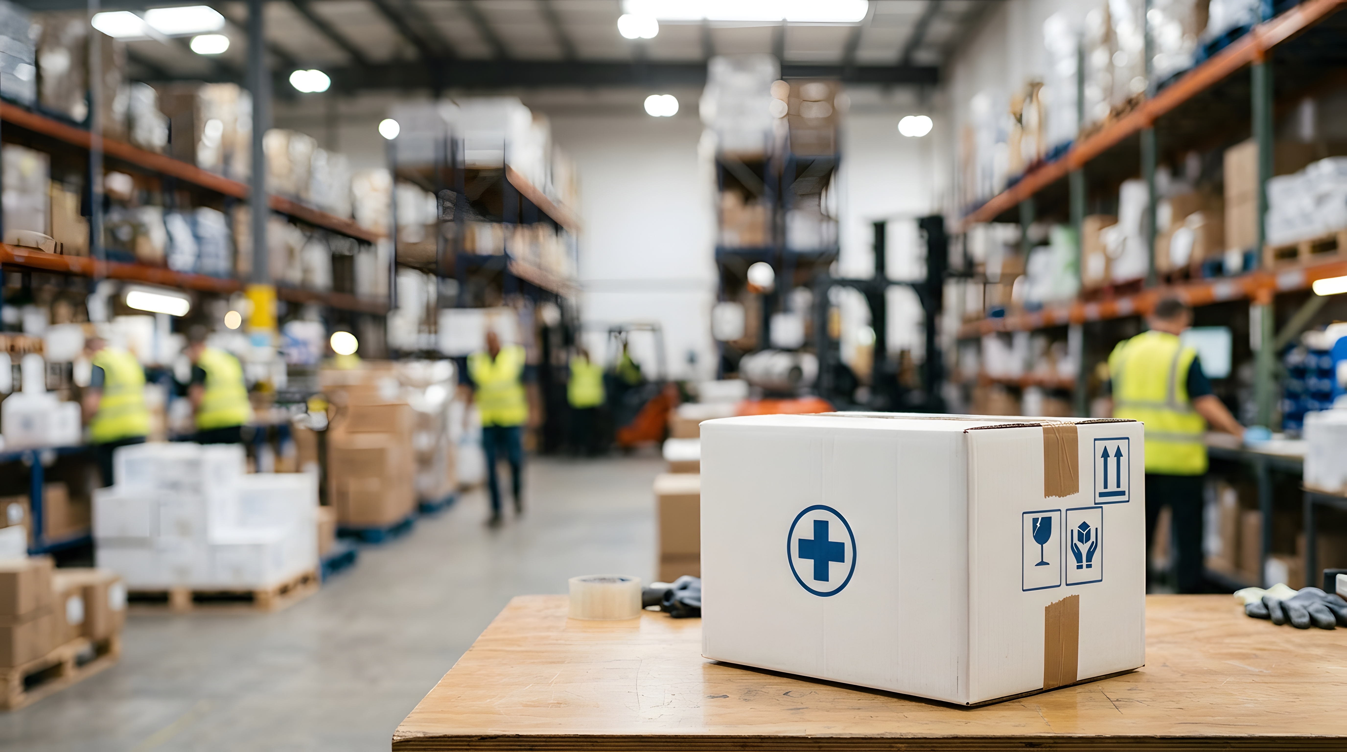 Medical supplies moving through a distribution warehouse