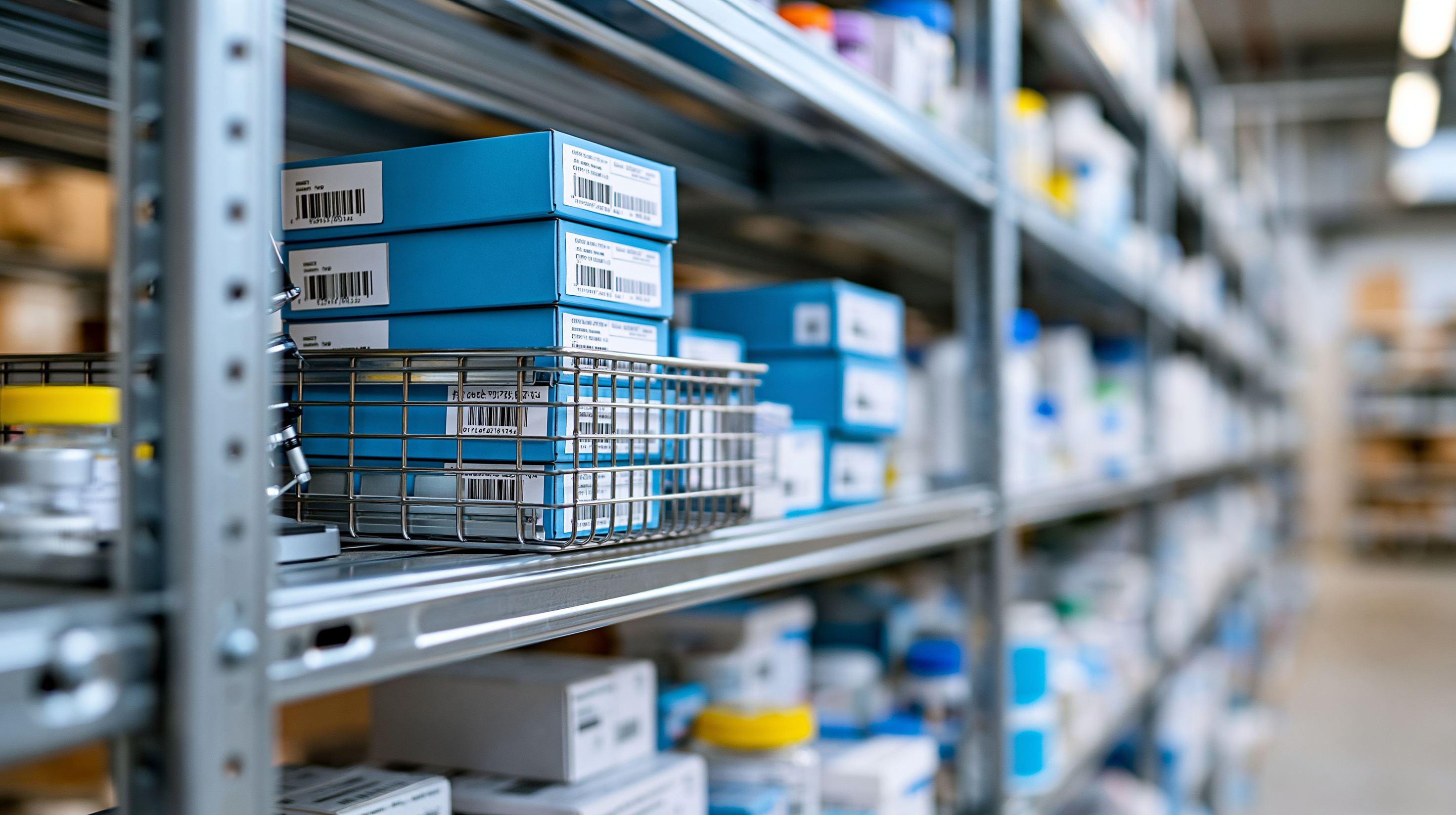 Medical supply cartons on warehouse shelving