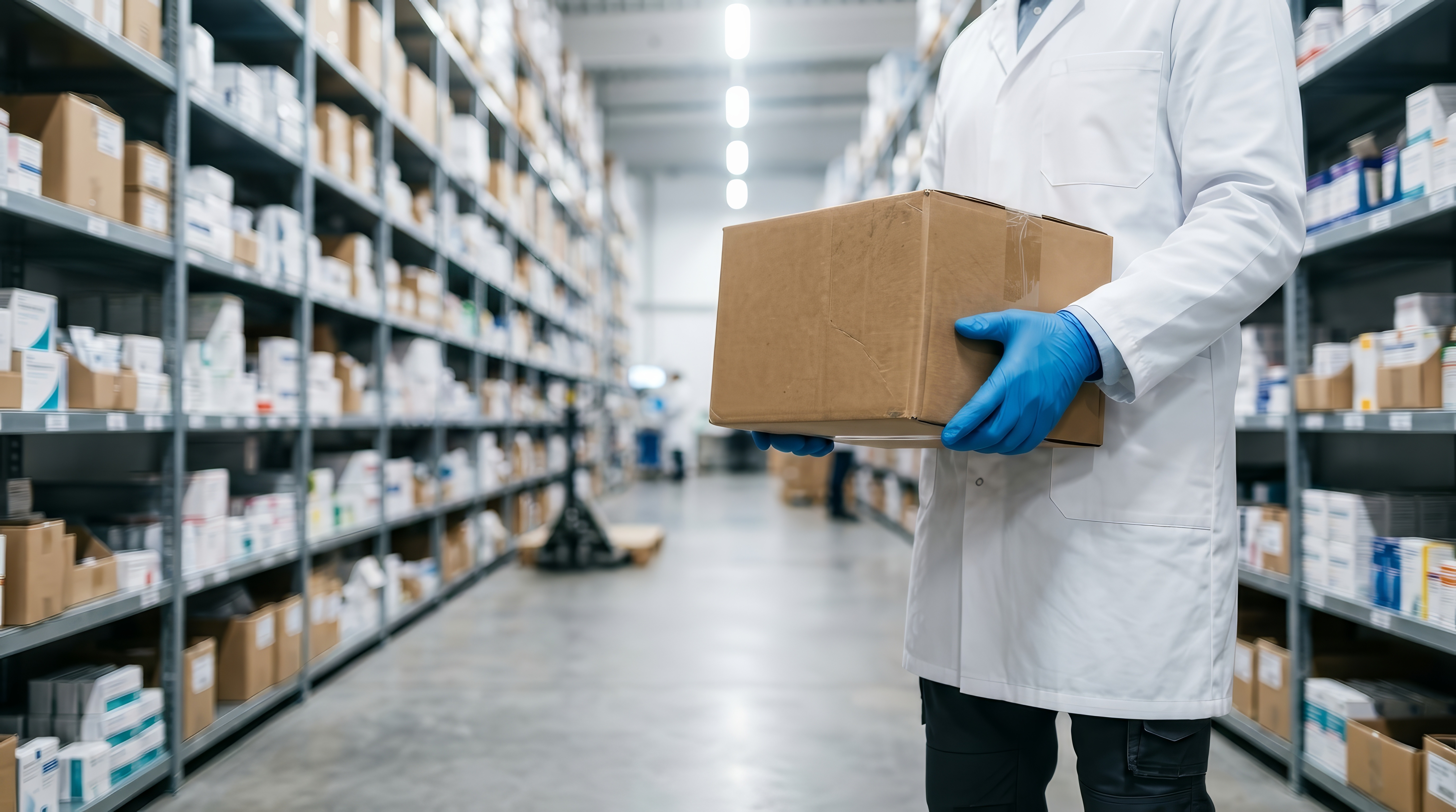 Staff member carrying a carton of supplies for shipment