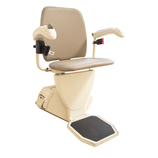 Stair lift featuring a beige swivel seat, retractable seat belt, and footrest, installed on a residential staircase for enhanced mobility.