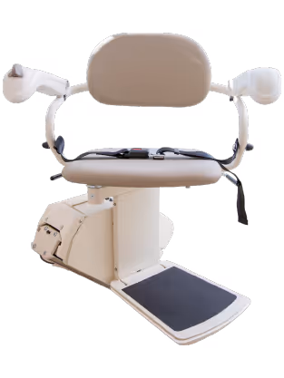 Harmar Pinnacle SL300 stair lift with swivel seat and safety belt installed on residential staircase for enhanced mobility.