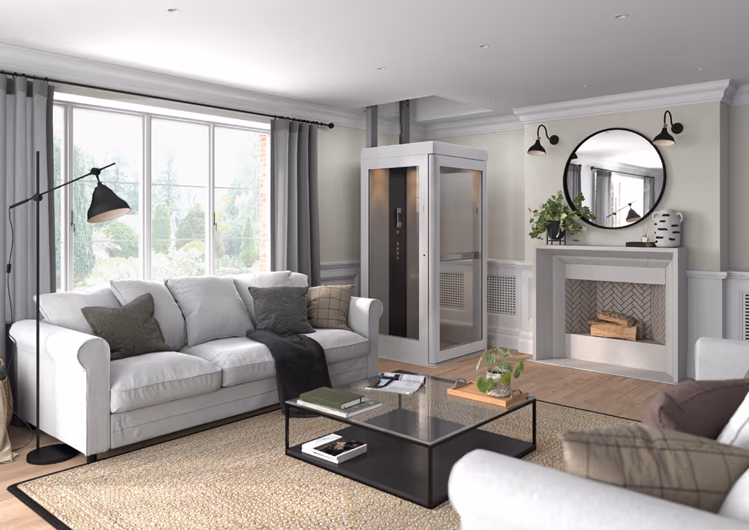 Residential living room with a stairlift installed on the staircase, providing accessible mobility solutions for home use.