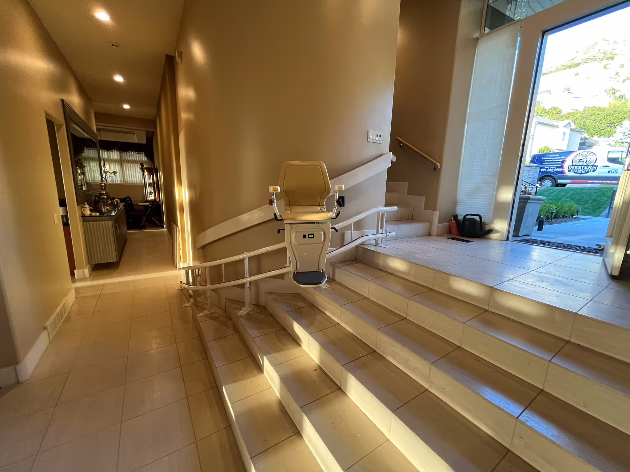 Modern stairlift with ergonomic seat and controls, providing accessible mobility solutions for homes and businesses.