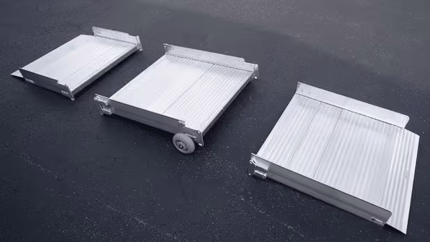 Tri-fold portable wheelchair ramp, durable and wide aluminum ramp for scooters and mobility devices.