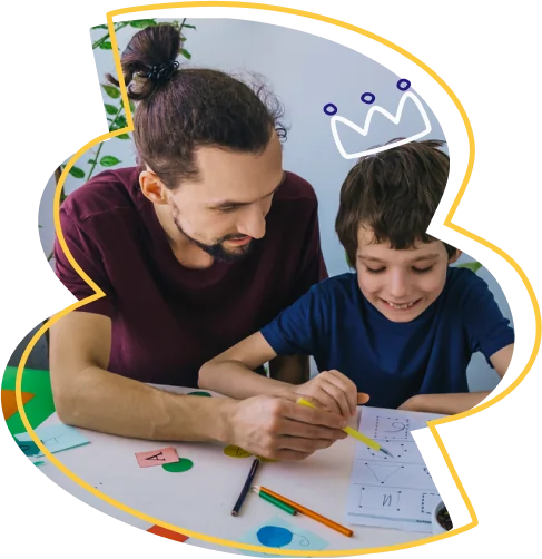a person and a boy looking at a paper