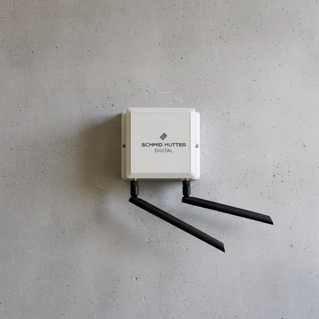 Schmid Hutter digital device with two black antennas on a gray concrete background wall mounted.