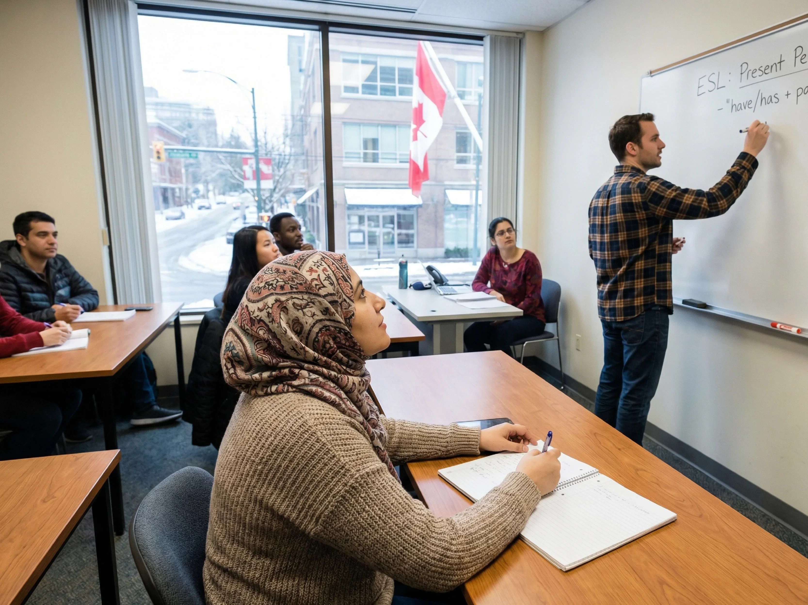 Diverse adult students attentively listening to a male instructor writing ESL grammar on a whiteboard in a classroom with a Canadian flag visible outside the window.