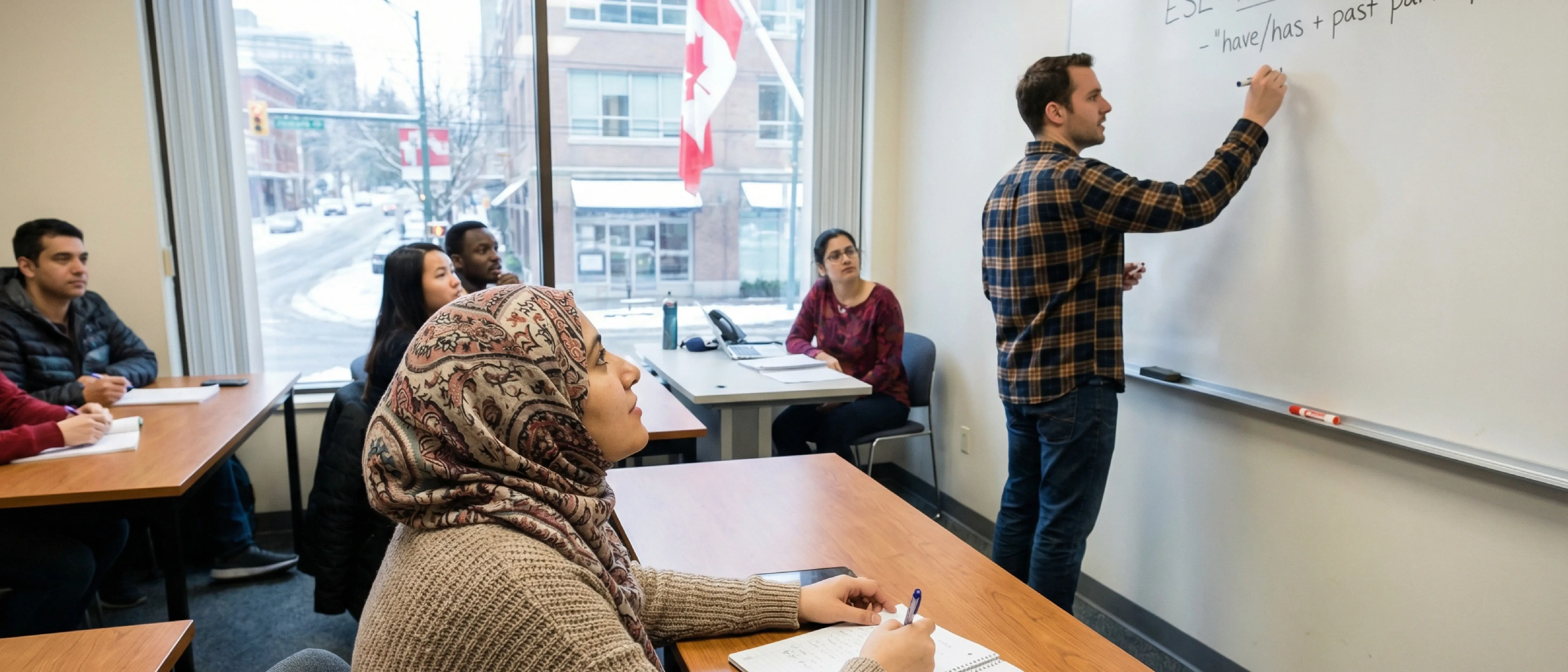 Teacher writing on whiteboard while diverse adult students attentively look on in classroom.