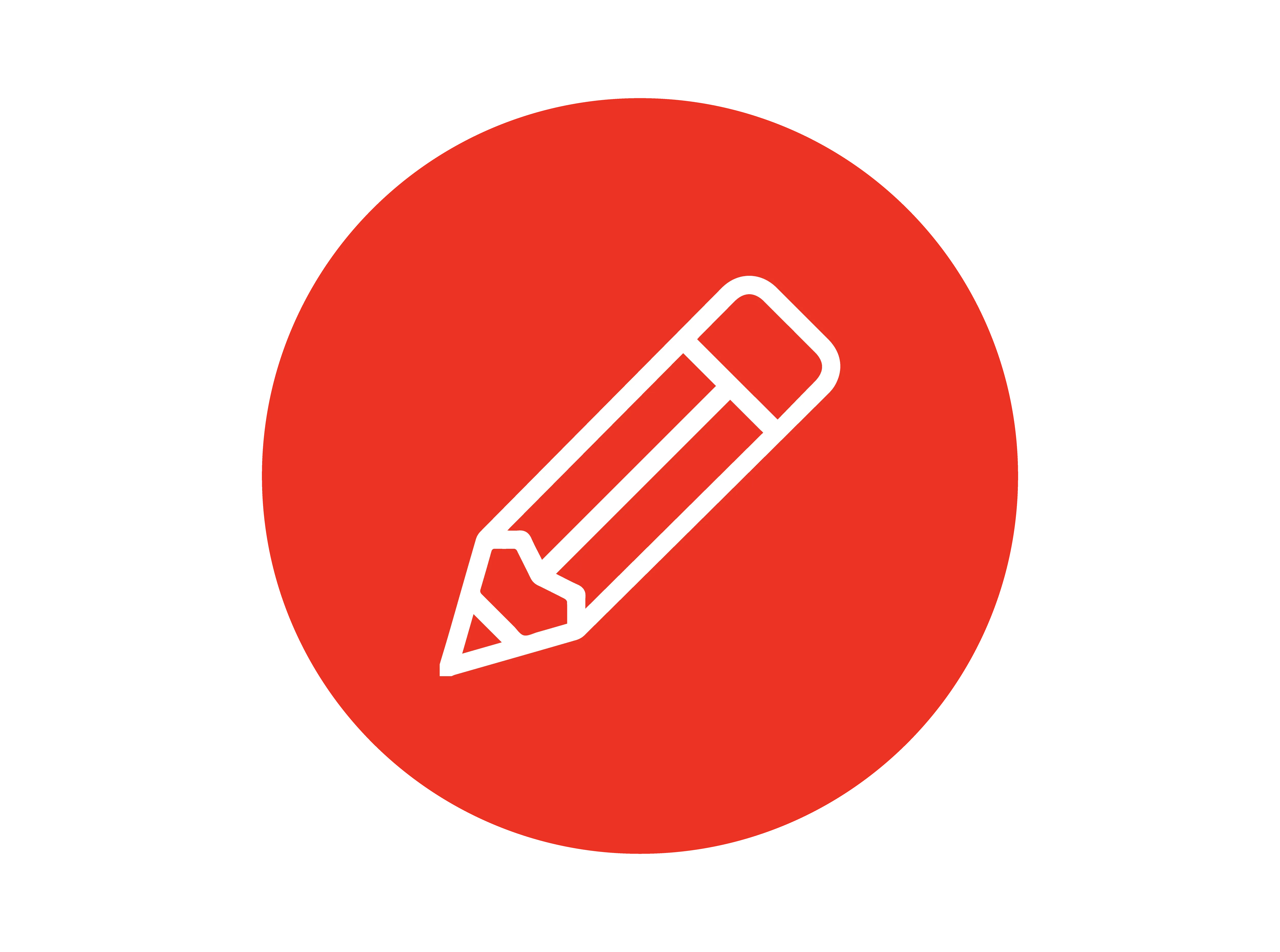 A white outline of a pencil is centered on a bright red circle, set against a black background. The design is bold and simple, conveying creativity.