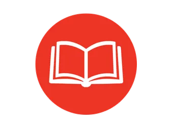 White open book icon centered on a red circle, set against a black background. The design is minimalist, conveying a sense of learning or literature.