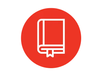 Icon of a white book with a bookmark, enclosed in a red circle on a black background, symbolizing reading or literature. Minimalist and bold design.