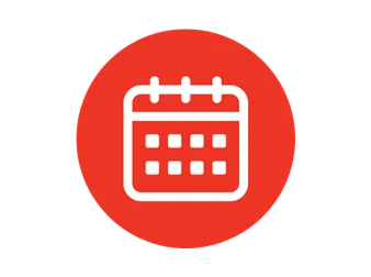 A white calendar icon with a grid pattern is centered on a bold red circle, set against a black background, conveying a sense of urgency or importance.
