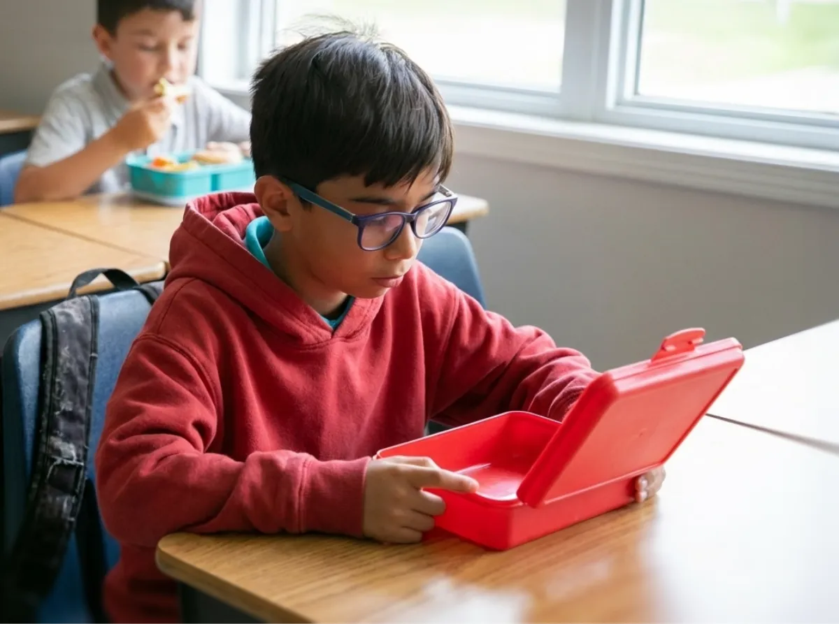 Young boy in a red hoodie looks into an empty lunchbox at a school desk, appearing thoughtful. Another child eats behind him by a sunny window.