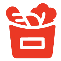 Red icon of a grocery bag containing produce like a carrot and leafy greens, against a black background, suggesting fresh food or shopping.