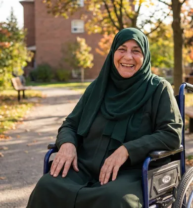 A smiling older woman wearing a dark green hijab and outfit sits in a wheelchair outdoors on a path lined with autumn trees and a bench.