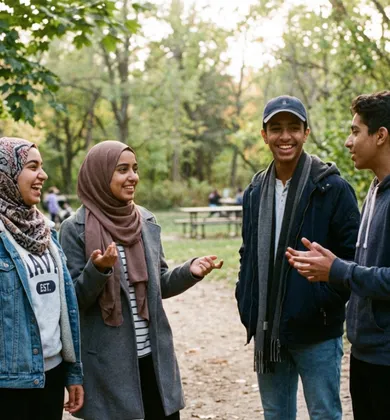 Four young adults laughing and talking together while standing outdoors in a wooded park.