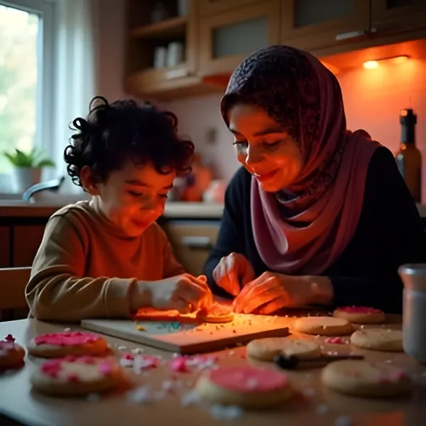 A young child with curly hair and a woman wearing a hijab sitting together at a wooden table in a warmly lit kitchen, focused on decorating several round cookies with pink frosting and sprinkles.