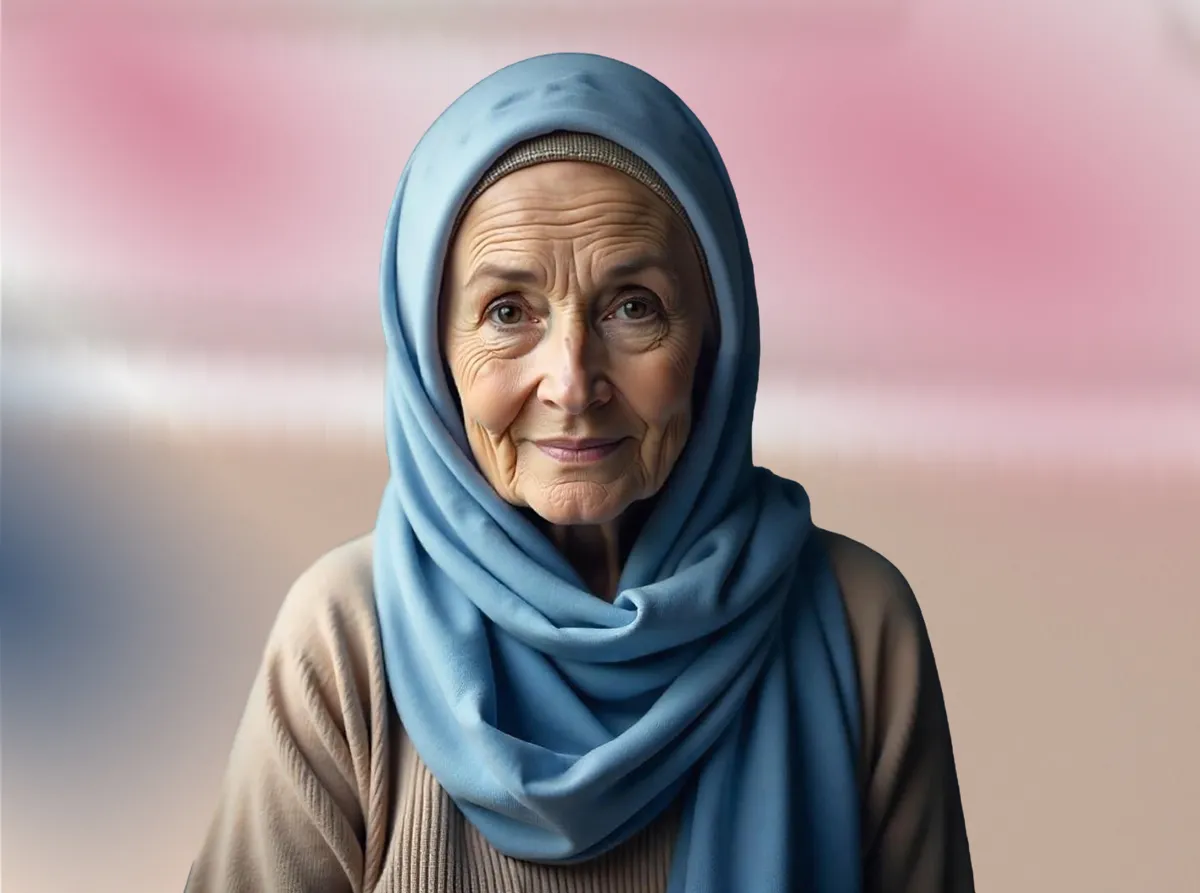 Portrait of an elderly woman with gentle wrinkles, wearing a light blue hijab and a beige sweater, looking forward with a soft smile against a blurred pink and neutral background.